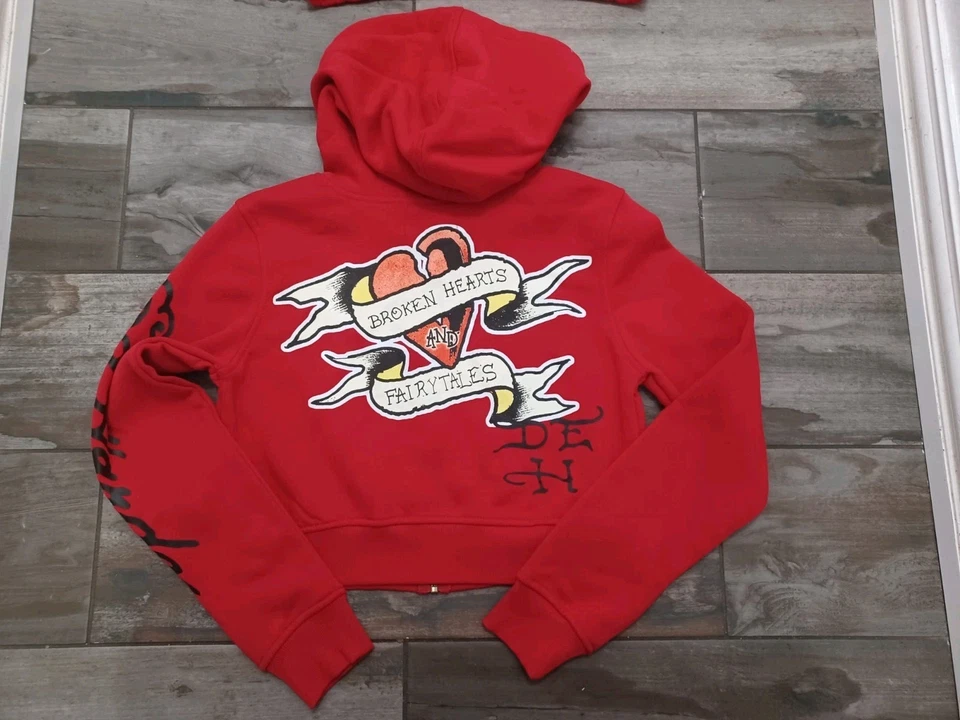 Conjunto de calças com capuz femininas Ed Hardy novo com etiquetas L vermelho Y2K corte coração partido conto de fadas - Imagem 2 de 4