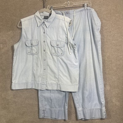 Erika Shirt Pants Set Womens Large Sleeveless Denim Vest Cargo Capris Coastal
