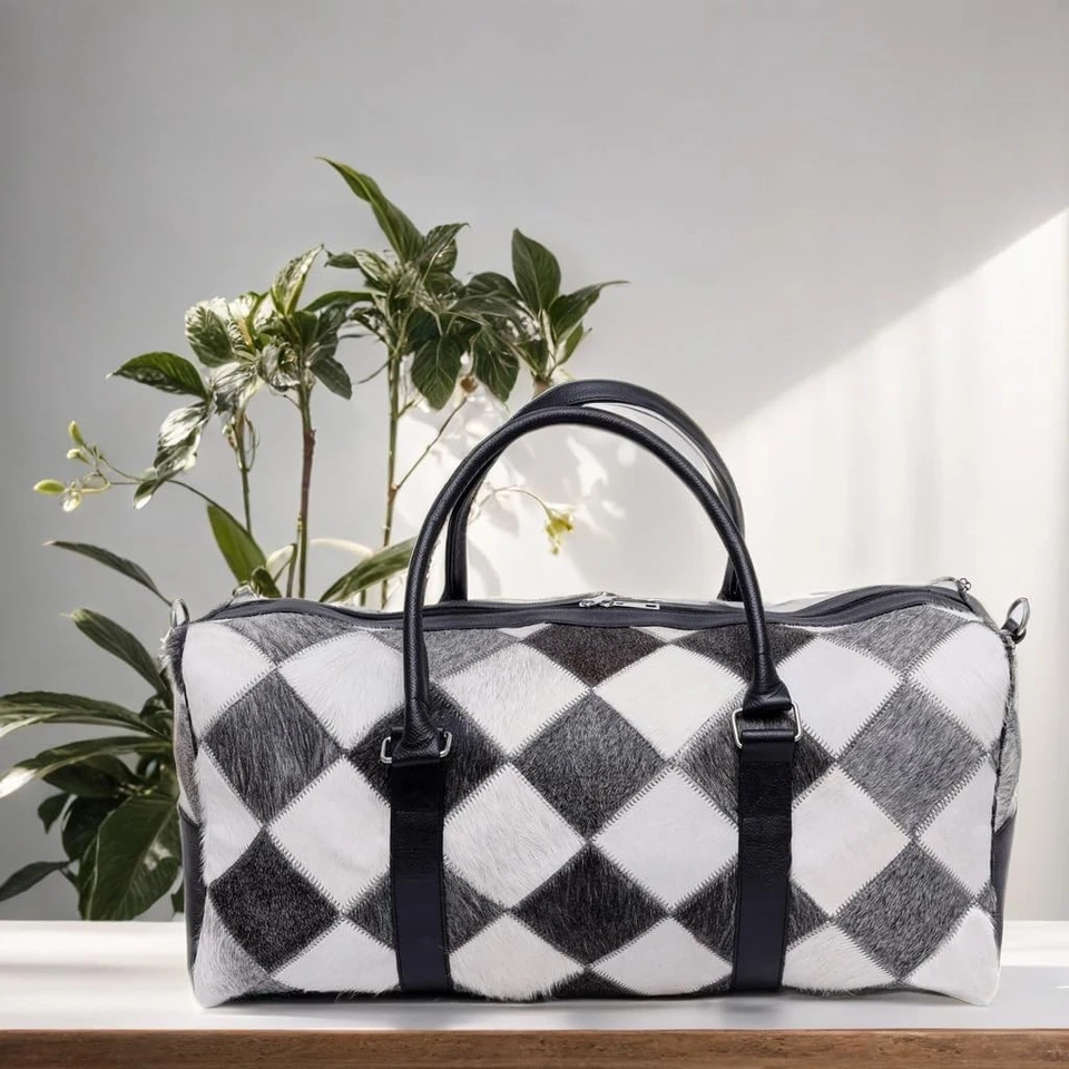 Bolso de Lona de Cuero de Vaca Piel de Vaca Pelo Gris Blanco Bolso de Fin de Semana Bolso de Viaje Foto 3 de 4