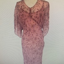 Pink Floral Sheer Chiffon Midi Dress Scoop Neck Batwing 3/4 Sleeve Women