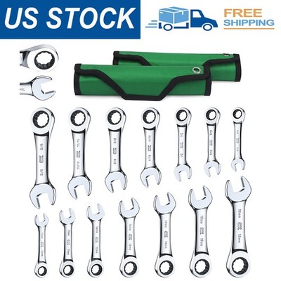 SK New 14-Piece Stubby Ratcheting Wrench Set SAE & Metric 3/8''-11/16'' 10-18mm