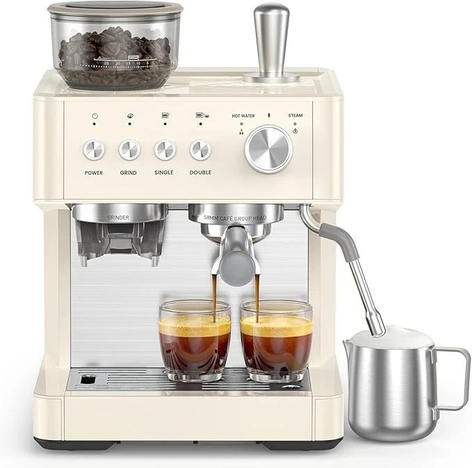 COWSAR 15 Bar Espresso Machine White Grinder Milk Frother