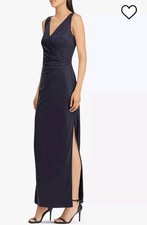 Ralph Lauren Noria Navy Metallic Size 14 Surplice Gown Ruched Maxi Dress #CB3
