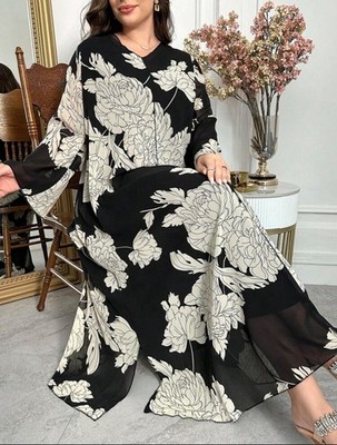 Maxikleid Damen Einheitsgröße Schwarz/Weiß Blumenmuster V-Ausschnitt Langarm