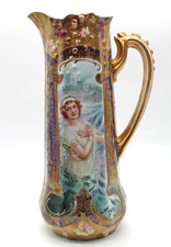 Antique RS Prussia Four Seasons Winter Iridescent Tankard or Pitcher 11 1/4