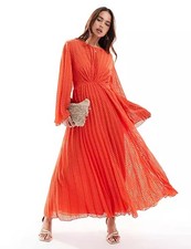 Asos Design Orange Chevron Pleated Maxi Dress Cinch Waist Bodice Size 4 NWT