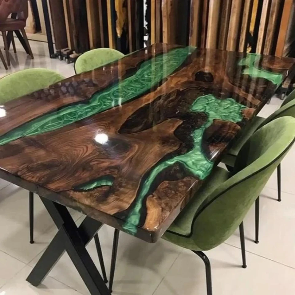 60"x30" Green Epoxy Dining Table | Handmade River Resin Wood Table | Luxury Deco - Image 4 of 4