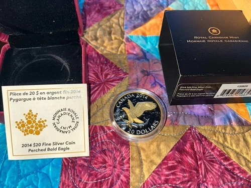 2014 $20 Royal Canadian Mint 1oz Silver Proof GOLD-TONED PERCHED BALD EAGLE COA