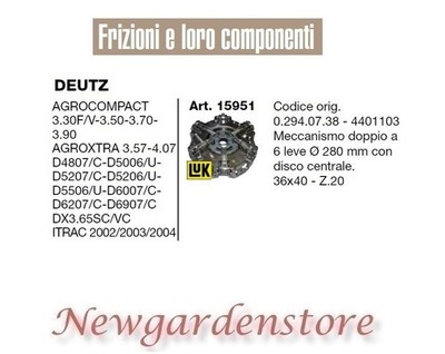 Kupplung 15951 Traktor DEUTZ Agrocompact 3.30 Agroxtra ITRAC 36x40 Z20 280Mm