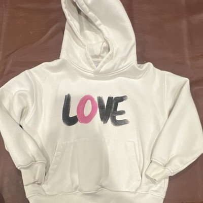 Zara Girls White Pullover crop Hoodie Love Heart Graphic Logo Pockets Size 9-10