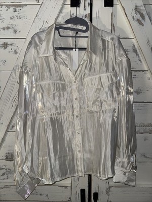 Day + Moon Women's Cream White Satin Shine Pocket Oversize Shirt Size Large