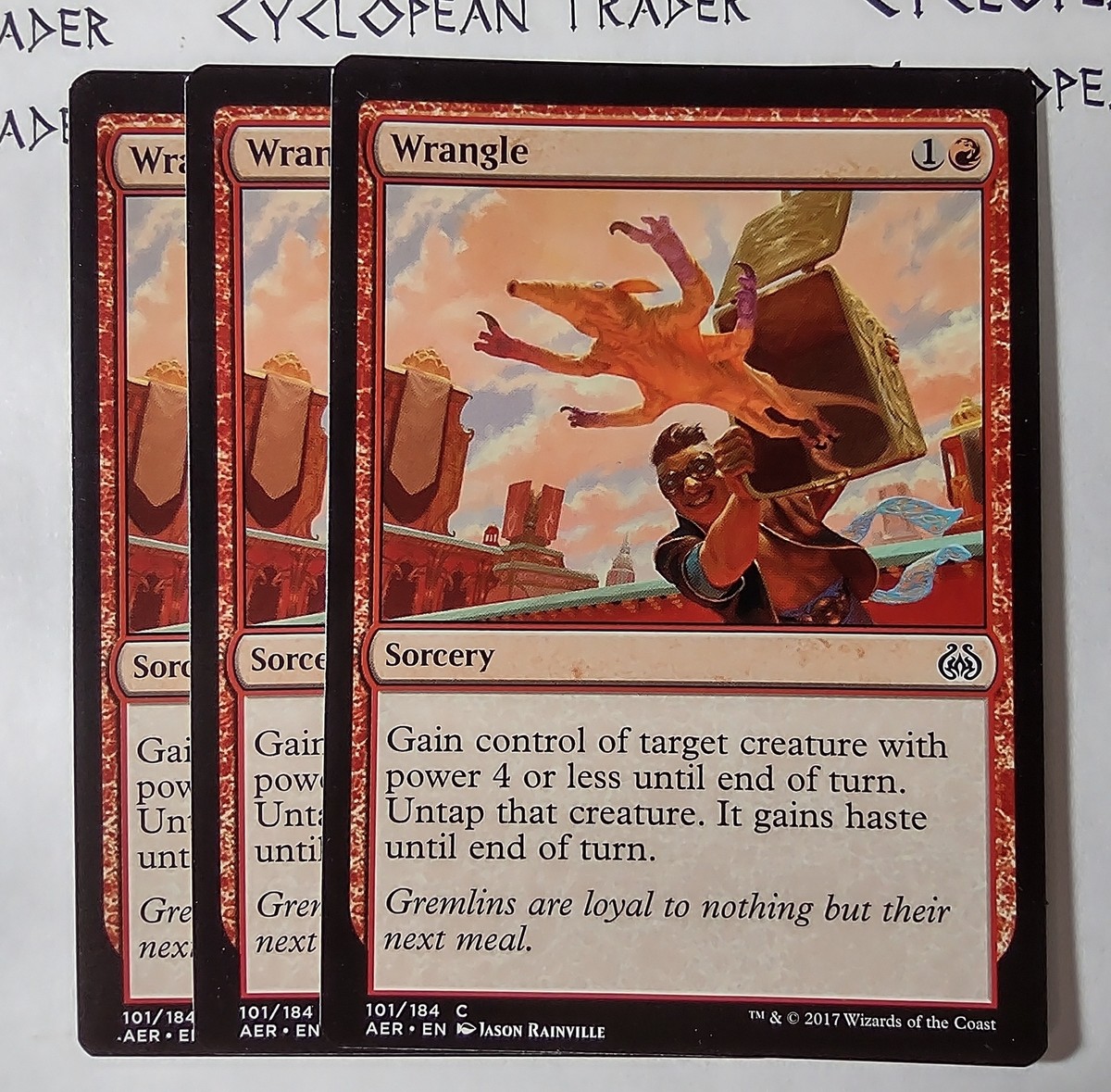 WRANGLE x3 mtg OFFCENTER Error Aether Revolt 3 Common Miscut