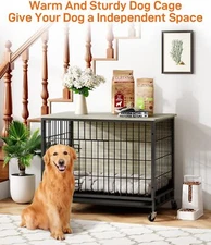 Dog Crate Furniture, Wooden Dog Kennel with Wheels Indoor Dog Crate Table Cage