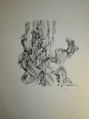 Micheline MEVEL-ROUSSEL 1925-2022 LARGE LITHO TRUNK TREE SURREALISM 1970