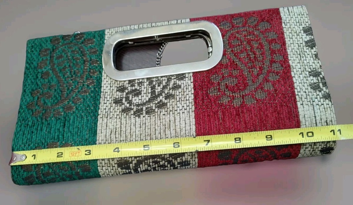 Fabric Clutch Bag Purse Glittery Paisley Design Chain Strap