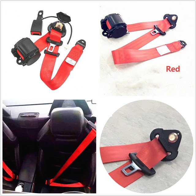 Red 3 Point Retractable Safety Car Seat Belts Lap Belt with Curved Rigid Buckle