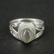 Ring Silver Moonstone Oval Side Swirl Design Band Sterling 925 Size 7 Ring