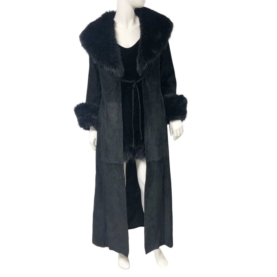 Vintage Y2K 2000s Express Black Suede Faux fur Long Coat Duster Size 5/6 - Image 2 of 4
