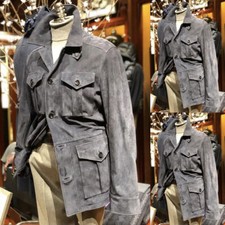 Gray Suede Men Safari Jackets Four Pockets British Hunting Coat Outdoor Jackets