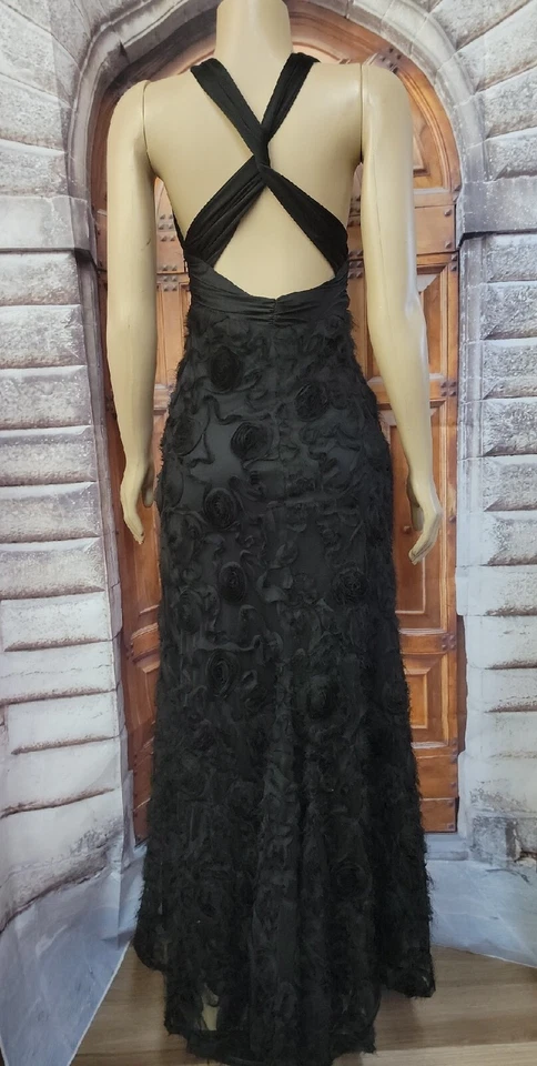 90 年代橡胶鸭黑色玫瑰花版修身喇叭晚礼服 S 码 #C — 第 2/4 张图片