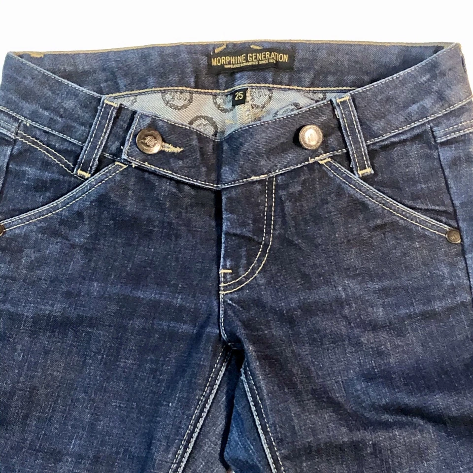 Pantalones de mezclilla MORPHINE GENERATION TALLA 25 algodón elástico ajustados lavado oscuro hechos en EE. UU. Foto 2 de 4