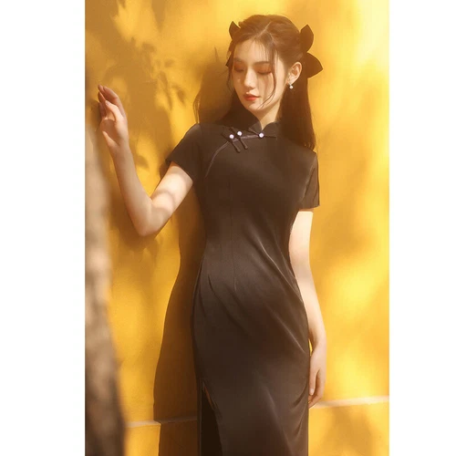 Mujeres Negro Largo Qipao Vestido Mejorado Cheongsam Elegante Chino Tradicional Club - Imagen 8 de 11