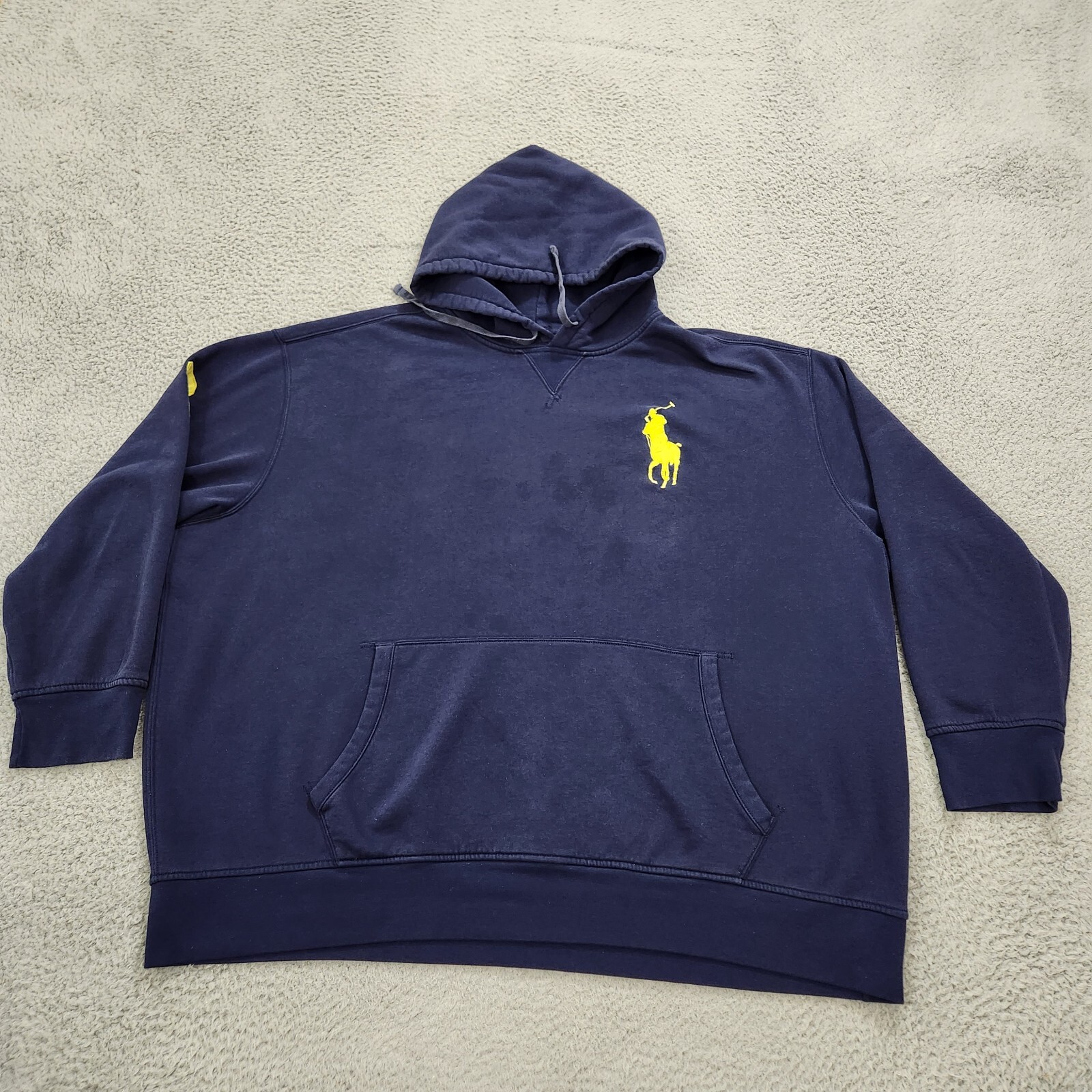 Vintage Polo Ralph Lauren Felpa con Cappuccio Uomo 4XB Big Blu Sbiadito Big Pony Pullover *Leggi*