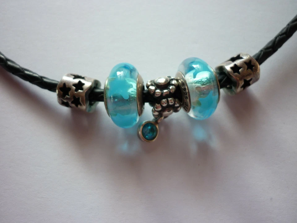 Pandora Armband Collier Halskette schwarz mit 5 Charms Muranoglas türkis wie neu - Bild 3 von 4