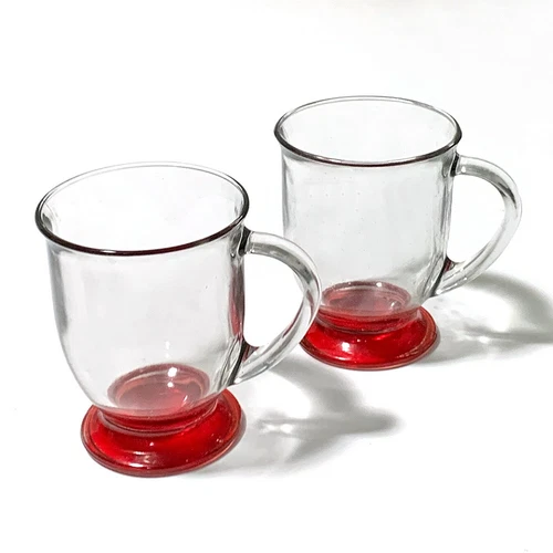 Anchor Hocking Café Clear Glass with Red Base 16.oz. Coffee Mugs, Lot of 2