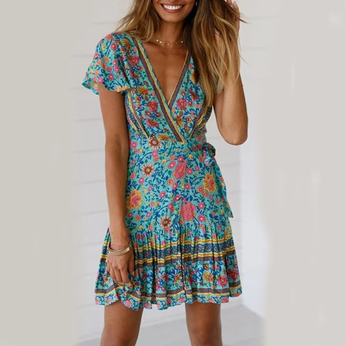 Womens Boho V-Neck Floral Mini Dress Ladies Summer Short Sleeve Beach Sundress - Picture 17 of 25