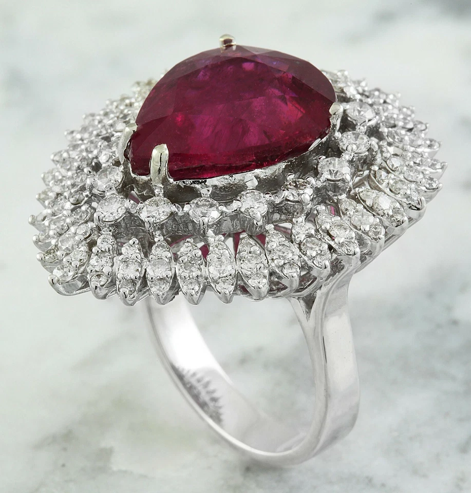 10.42CT Raspberry Red Pear Cut Ruby & Genuine White CZ Cluster Magnificent Ring - Image 4 of 4