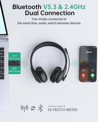 Wireless Headset with Mic for Work with AI Noise Cancelling Clear Calls (Black) - Picture 2 of 8