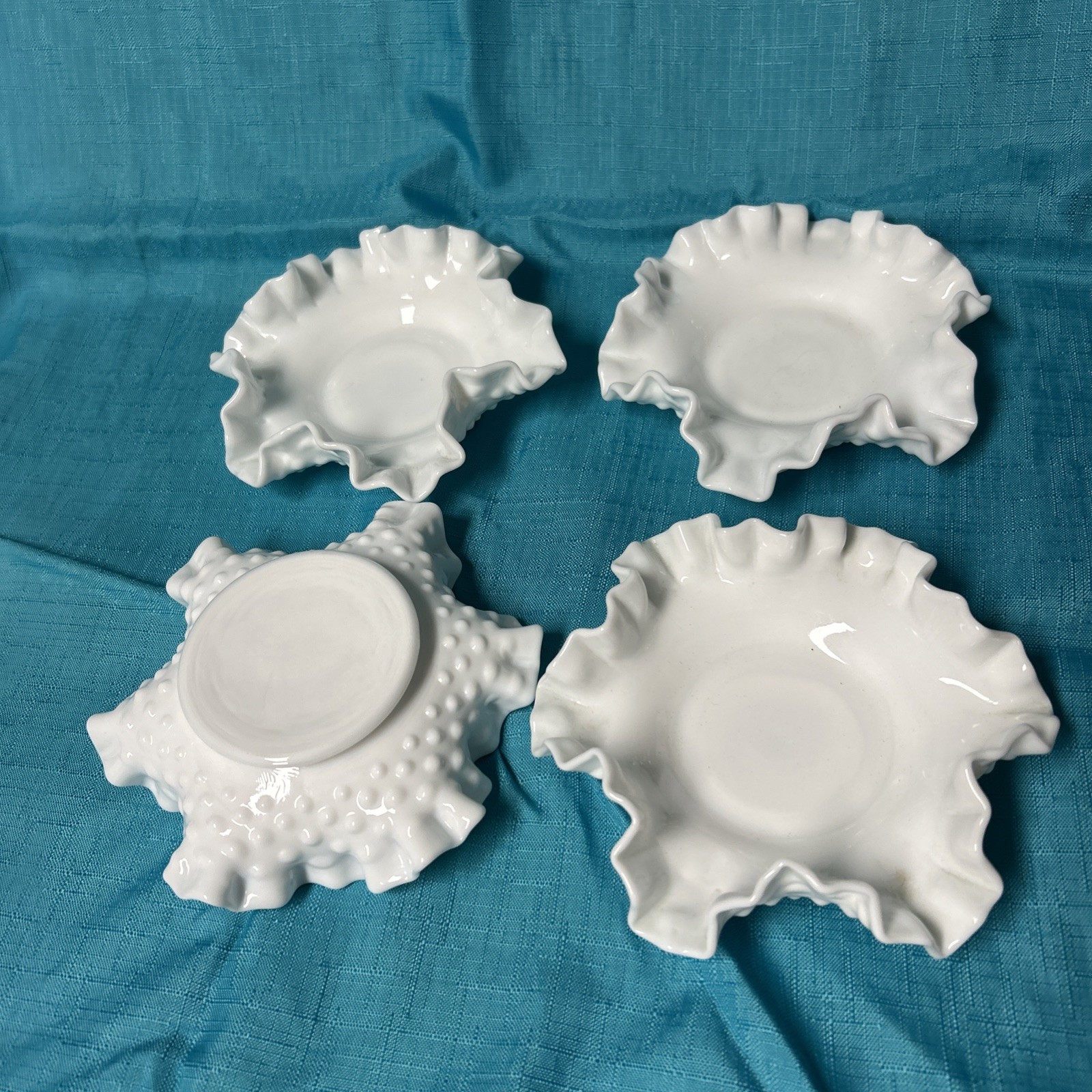 White  Milk Glass Hobnail Ruffled Glass Bowls Small (set of 4)