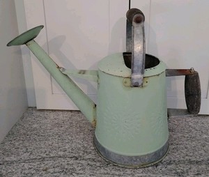 Vintage Mid+Century Galvanized Seafoam Sunburst Double Wood Handles Watering Can