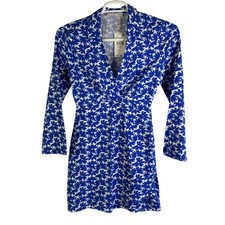 MNG Mango Floral Print V Neck Long Sleeve Mini Dress Blue White Women's XS USA 2