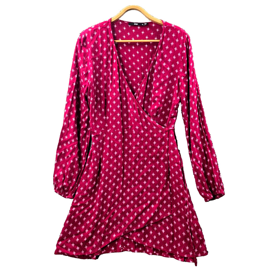 Sportsgirl Womens A-line Wrap Dress Size 10 Burgundy Pink Long Sleeve V-Neck Tie