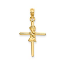 10k Yellow Gold Cross Pendant Necklace Men Women Kneeling Boy Religious Charm