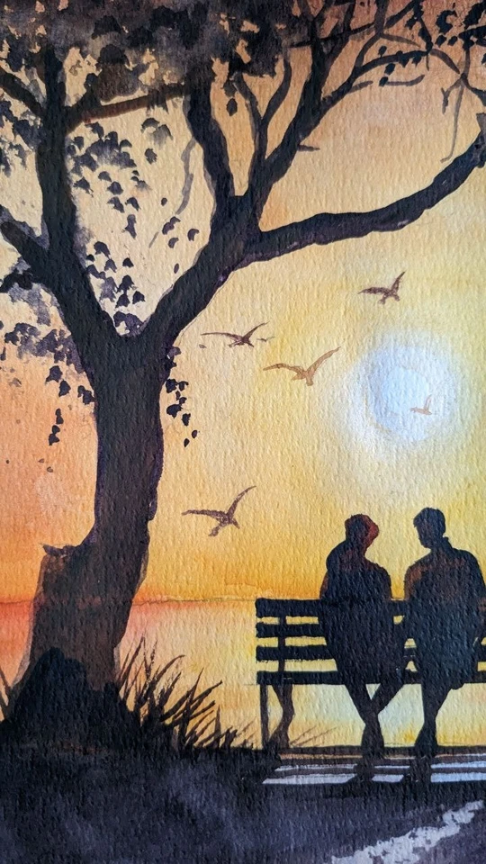 Romántico atardecer acuarela pintura pareja en banco debajo del árbol amor arte de pared Foto 4 de 4