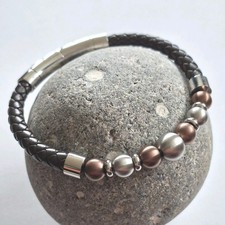 Image of Fred Bennett brown leather bracelet beads copper silver adjusts stainless steel