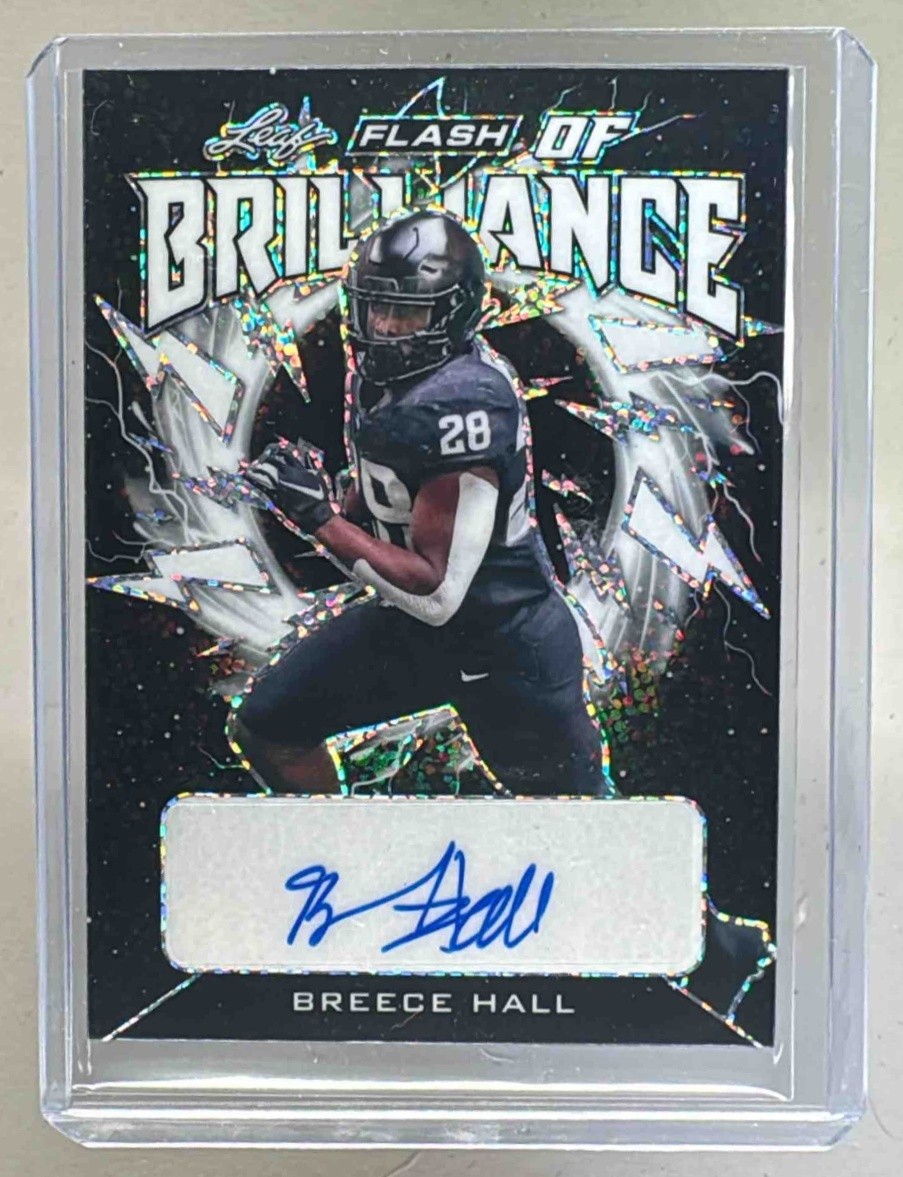Breece Hall Leaf Flash of Brilliance Autographs #FBBH1 Blue Sparkle Metalized