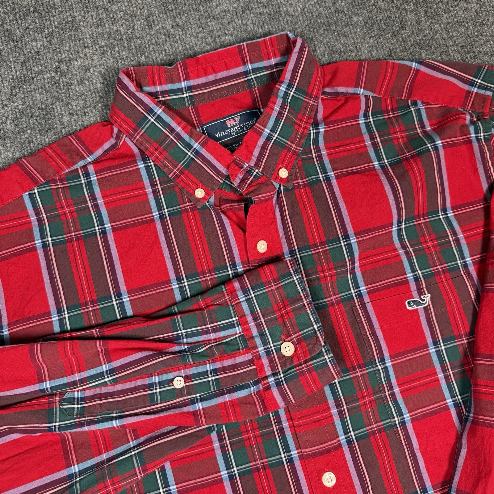 Vineyard Vines Men's 2XL Green Red Classic Fit Tucker Whale Plaid Stretch Shirt