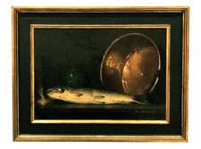 Antique Painting Oil on Canvas Still Life with Fish Signed O. de Cocquerel