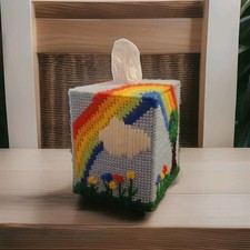 Handmade Yarn Canvas Tissue Box Cover - Rainbow, Cloud, And Flowers