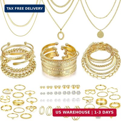 FAXHION 68 Pcs Gold Jewelry Set for Women with 7 Necklace, 17 Bracelet, 5 Hoop E