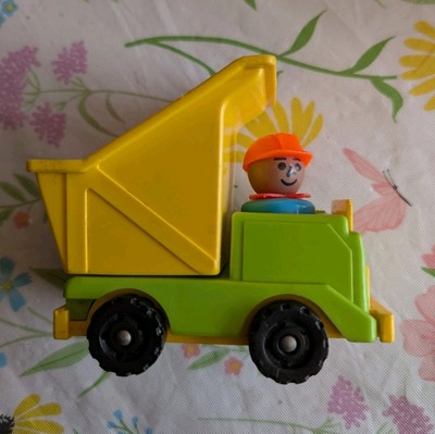 Vintage Fisher Price Little People Green/Yellow Dump Truck & Construction Worker