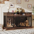 63in Double Dog Crate Furniture w/ Divider Sliding Doors Drawers Brown