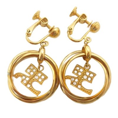 Courreges Logo Motif Triple Ring Rhinestone Earrings Gold Color Accessories