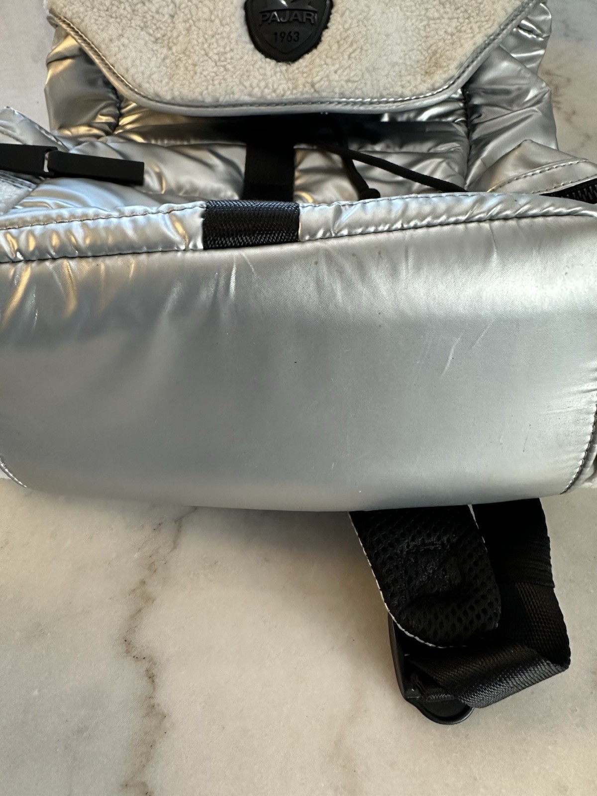 Pajar Silver Puffer Backpack Shearling Travel Bag… - image 3