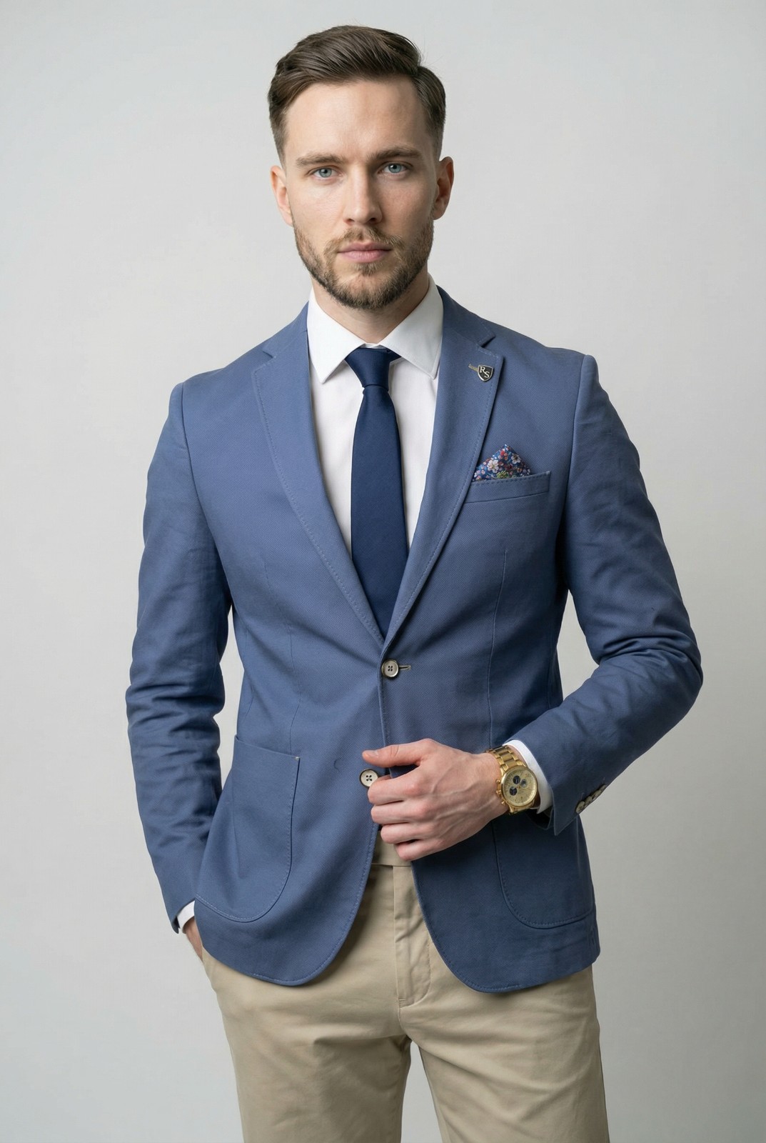 Men’s Cotton Twill Blazer Tailored Fit Patch Pockets Blue Business Smart Jacket