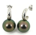 Massive 14.2mm Peacock Green Genuine Tahitian Pearl Stud Hoop Earrings #SE437